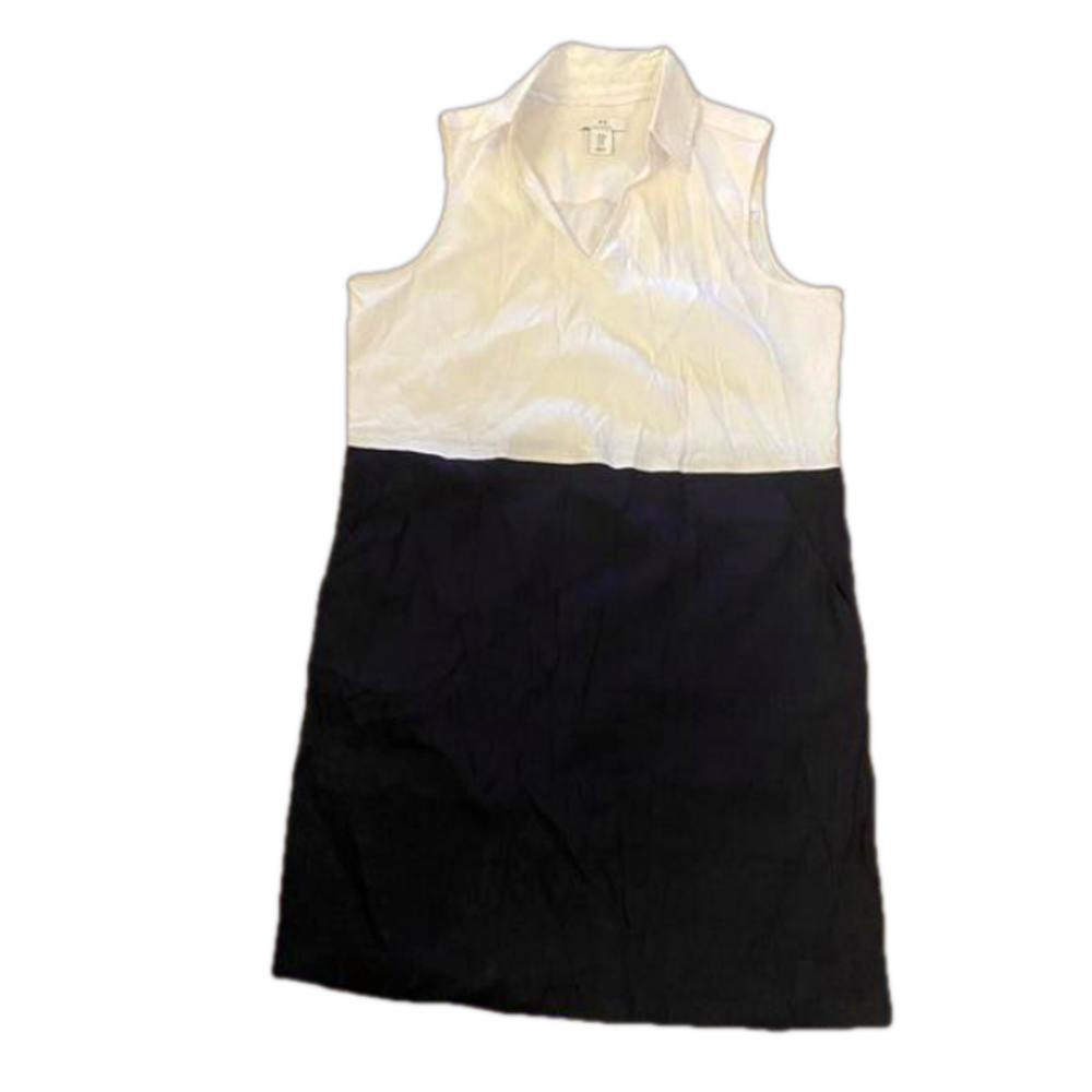 H by Halston Women's White Navy Linen Mix Shift Dress Sleeveless Pockets Size M